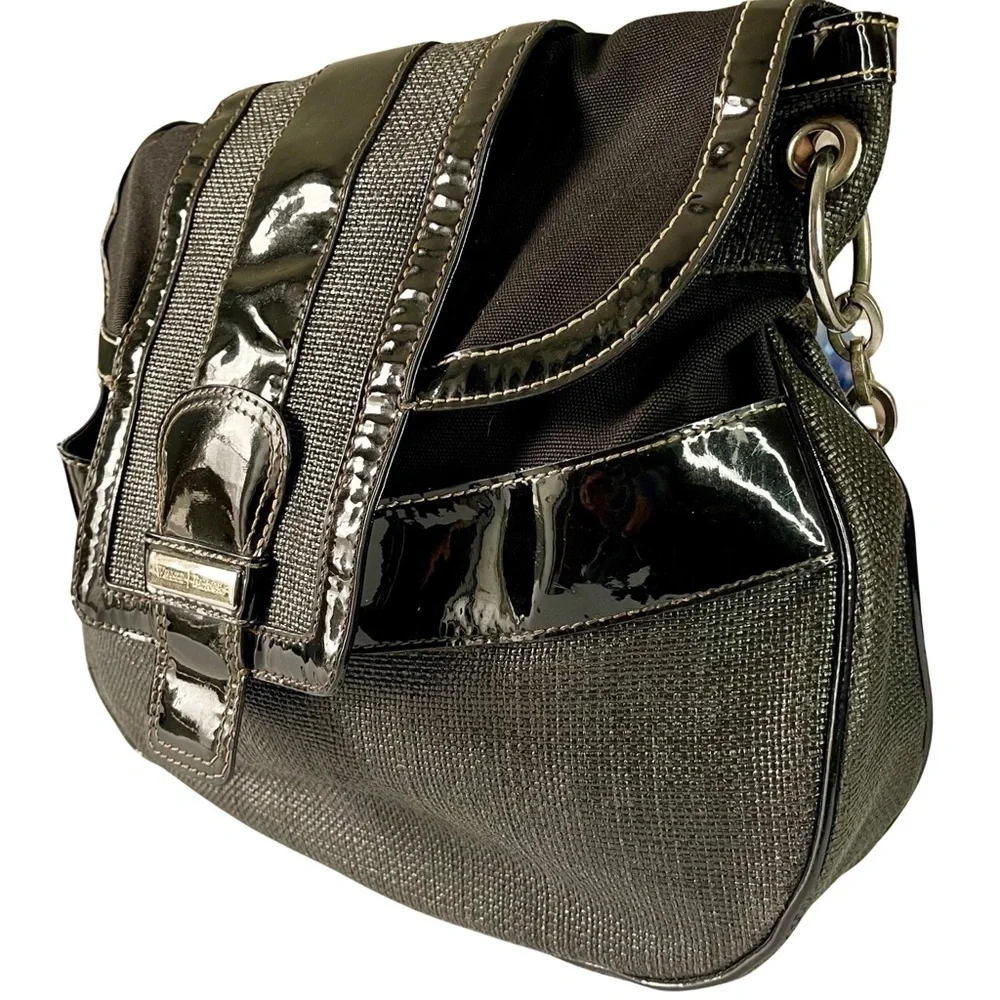 White House Black Market Hobo Chain Satchel Black Shoulder Bag WovenCanvas Vinyl